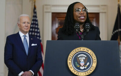 Judge Ketanji Brown Jackson speaks after US President Joe Biden announced her as his nominee to the Supreme Court in the Cross Hall of the White House, on February 25, 2022, in Washington. (AP Photo/Carolyn Kaster, File)