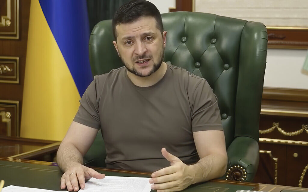 Ukrainian President Volodymyr Zelensky speaks from Kyiv, Ukraine, early Monday, March 21, 2022. (Image from video, Ukrainian Presidential Press Office via AP)