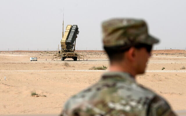 A member of the US Air Force stands near a Patriot missile battery at the Prince Sultan air base in al-Kharj, central Saudi Arabia, on Feb. 20, 2020. (Andrew Caballero-Reynolds/Pool via AP, File) A member of the US Air Force stands near a Patriot missile battery at the Prince Sultan air base in al-Kharj, central Saudi Arabia, on Feb. 20, 2020. (Andrew Caballero-Reynolds/Pool via AP, File)