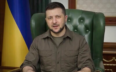 In this image from video provided by the Ukrainian Presidential Press Office, Ukrainian President Volodymyr Zelensky speaks from Kyiv, Ukraine, on March 21, 2022. (Ukrainian Presidential Press Office via AP)