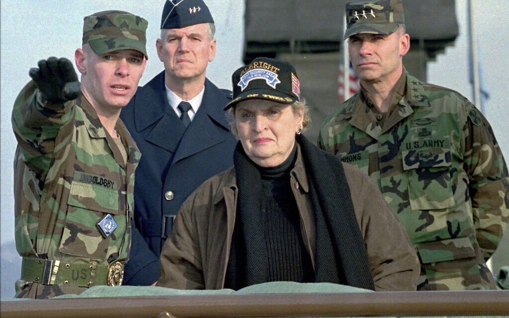 Then-US Secretary of State Madeleine Albright, center, gets a briefing on the situation around the border between two Koreas during her visit to guard post Ouelletle in the border village of the Panmunjom, north of Seoul, Feb. 22, 1997. (AP Photo) Then-US Secretary of State Madeleine Albright, center, gets a briefing on the situation around the border between two Koreas during her visit to guard post Ouelletle in the border village of the Panmunjom, north of Seoul, Feb. 22, 1997. (AP Photo)