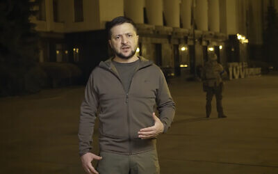 In this image from video provided by the Ukrainian Presidential Press Office, Ukrainian President Volodymyr Zelensky speaks from Kyiv, Ukraine, early Thursday, March 24, 2022. (Ukrainian Presidential Press Office via AP) In this image from video provided by the Ukrainian Presidential Press Office, Ukrainian President Volodymyr Zelensky speaks from Kyiv, Ukraine, early Thursday, March 24, 2022. (Ukrainian Presidential Press Office via AP)