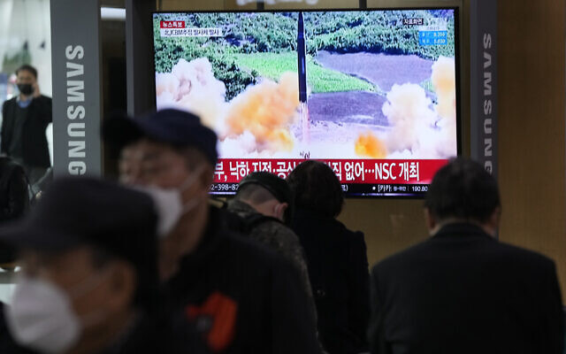 People watch a TV showing a file image of North Korea's missile launch during a news program at the Seoul Railway Station in Seoul, South Korea, March 24, 2022. (AP Photo/Ahn Young-joon) People watch a TV showing a file image of North Korea's missile launch during a news program at the Seoul Railway Station in Seoul, South Korea, March 24, 2022. (AP Photo/Ahn Young-joon)