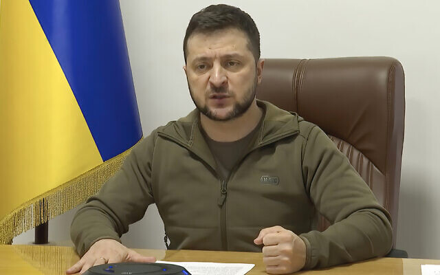 In this image from video provided by the Ukrainian Presidential Press Office, Ukrainian President Volodymyr Zelensky speaks to world leaders attending the NATO summit in Brussels from Kyiv, Ukraine, on March 24, 2022. (Ukrainian Presidential Press Office via AP)