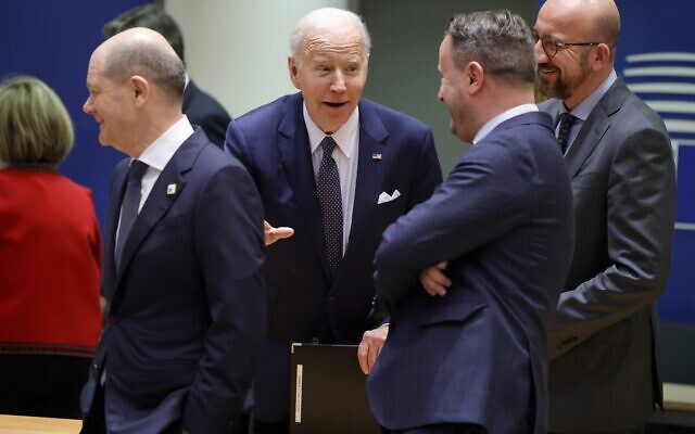US President Joe Biden, center, speaks with from left, German Chancellor Olaf Scholz, Luxembourg's Prime Minister Xavier Bettel and European Council President Charles Michel during a round table meeting at an EU summit in Brussels, Thursday, March 24, 2022 (AP Photo/Olivier Matthys) US President Joe Biden, center, speaks with from left, German Chancellor Olaf Scholz, Luxembourg's Prime Minister Xavier Bettel and European Council President Charles Michel during a round table meeting at an EU summit in Brussels, Thursday, March 24, 2022 (AP Photo/Olivier Matthys)