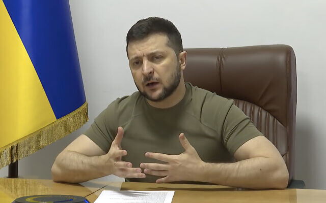 In this image from video provided by the Ukrainian Presidential Press Office, Ukrainian President Volodymyr Zelenskyy speaks to the leaders of the European Council during their summit in Brussels from Kyiv, Ukraine, March 24, 2022. (Ukrainian Presidential Press Office via AP)