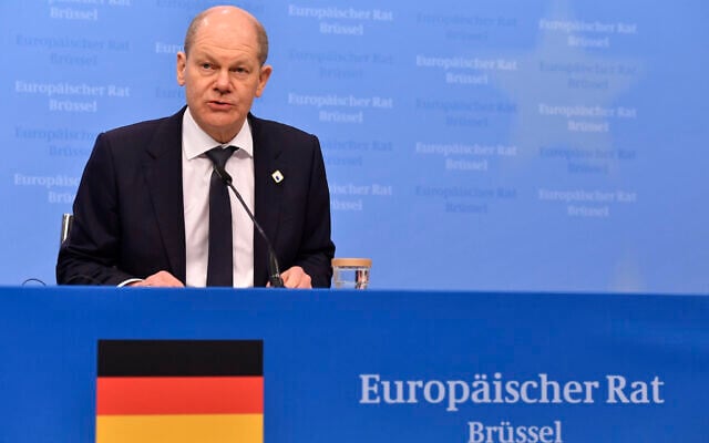 German Chancellor Olaf Scholz speaks during a media conference after an EU summit in Brussels, Friday, March 25, 2022. (AP Photo/Geert Vanden Wijngaert)