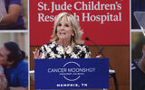 US First lady Jill Biden speaks as she visits the St. Jude Children's Research Hospital, Friday, March 25, 2022, in Memphis, Tenn. (AP Photo/Karen Pulfer Focht)