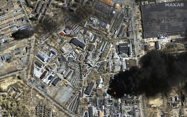 This satellite image provided by Maxar Technologies shows an overview of burning oil storage tanks and an industrial area in Chernihiv, Ukraine during the Russian invasion, on Monday, March 21, 2022 (Satellite image ©2022 Maxar Technologies via AP, File) This satellite image provided by Maxar Technologies shows an overview of burning oil storage tanks and an industrial area in Chernihiv, Ukraine during the Russian invasion, on Monday, March 21, 2022 (Satellite image ©2022 Maxar Technologies via AP, File)
