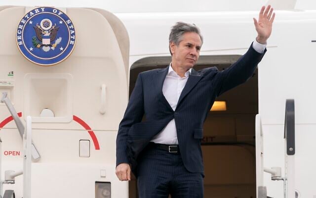 US Secretary of State Antony Blinken waves as he boards his plane in Warsaw, Poland, on March 26, 2022, en route to Israel. (AP Photo/Jacquelyn Martin, Pool) US Secretary of State Antony Blinken waves as he boards his plane in Warsaw, Poland, on March 26, 2022, en route to Israel. (AP Photo/Jacquelyn Martin, Pool)