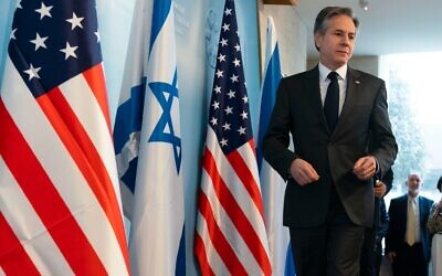 US Secretary of State Antony Blinken and Israel's Foreign Minister Yair Lapid arrive to attend a news conference, March 27, 2022, at Israel's Ministry of Foreign Affairs in Jerusalem. (AP Photo/Jacquelyn Martin, Pool)