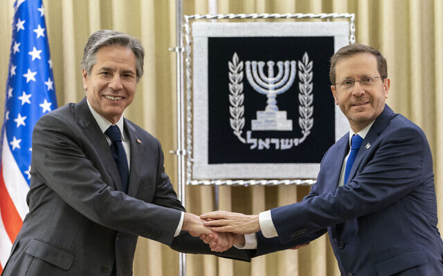 US Secretary of State Antony Blinken, left, and Israel's President Isaac Herzog pose for a photo as they meet at the Presidency, March 27, 2022, in Jerusalem. (AP Photo/Jacquelyn Martin, Pool) US Secretary of State Antony Blinken, left, and Israel's President Isaac Herzog pose for a photo as they meet at the Presidency, March 27, 2022, in Jerusalem. (AP Photo/Jacquelyn Martin, Pool)