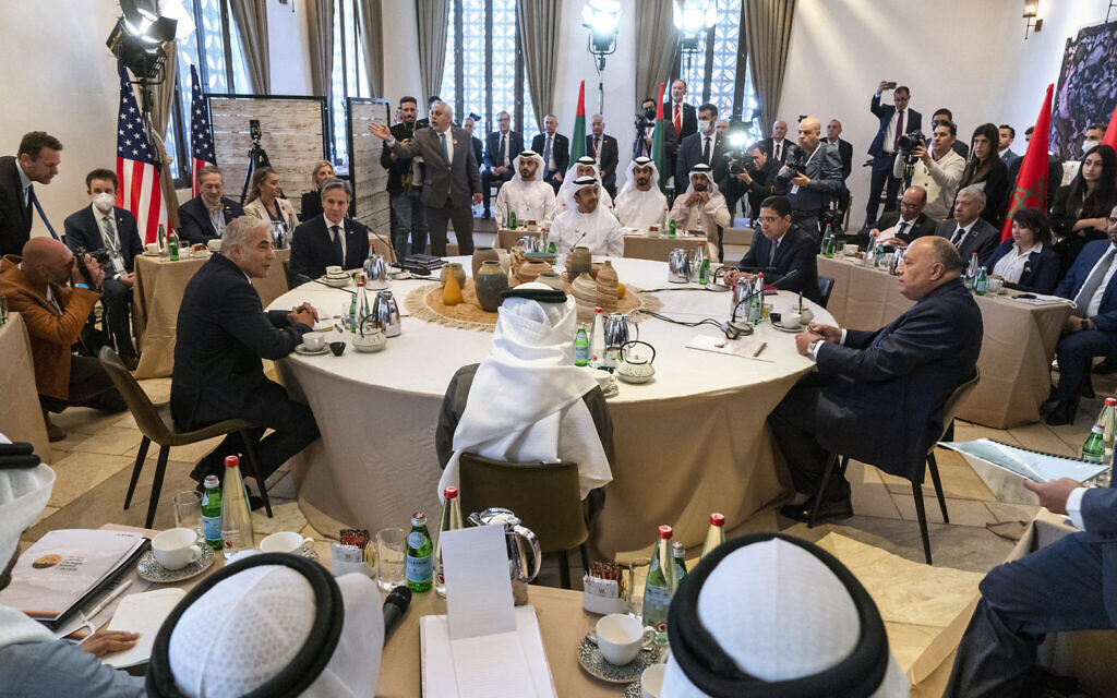 The opening roundtable begins at the Negev Summit, as Foreign Minister Yair Lapid, clockwise from left, makes opening remarks with US Secretary of State Antony Blinken, United Arab Emirates' Foreign Minister Sheikh Abdullah bin Zayed Al Nahyan, Morocco's Foreign Minister Nasser Bourita, Egypt's Foreign Minister Sameh Shoukry, and Bahrain's Foreign Minister Abdullatif bin Rashid al-Zayani, March 28, 2022, in Sde Boker. (AP Photo/Jacquelyn Martin, Pool) The opening roundtable begins at the Negev Summit, as Foreign Minister Yair Lapid, clockwise from left, makes opening remarks with US Secretary of State Antony Blinken, United Arab Emirates' Foreign Minister Sheikh Abdullah bin Zayed Al Nahyan, Morocco's Foreign Minister Nasser Bourita, Egypt's Foreign Minister Sameh Shoukry, and Bahrain's Foreign Minister Abdullatif bin Rashid al-Zayani, March 28, 2022, in Sde Boker. (AP Photo/Jacquelyn Martin, Pool)
