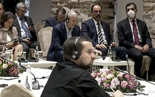 In this image taken from a video provided by the Turkish Presidency, Russian Roman Abramovich, top center, 3rd from right, listens to Turkish President Recep Tayyip Erdogan during the Russian and Ukrainian delegations meeting for talks in Istanbul, Turkey, on Tuesday, March 29, 2022. (Turkish Presidency via AP) In this image taken from a video provided by the Turkish Presidency, Russian Roman Abramovich, top center, 3rd from right, listens to Turkish President Recep Tayyip Erdogan during the Russian and Ukrainian delegations meeting for talks in Istanbul, Turkey, on Tuesday, March 29, 2022. (Turkish Presidency via AP)
