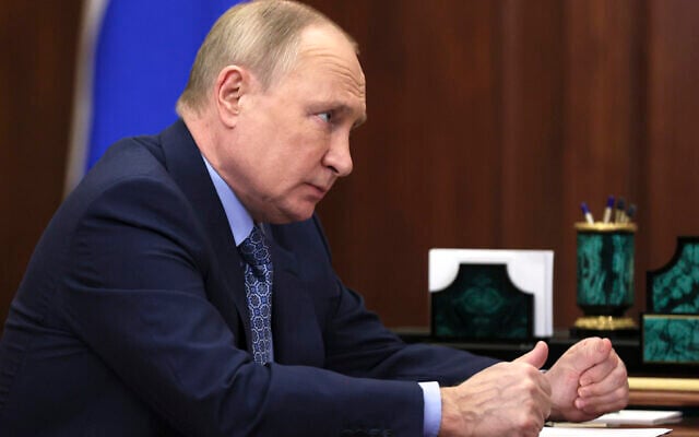 Russian President Vladimir Putin listens to Mahmud-Ali Kalimatov, the head of the Republic of Ingushetia during their meeting in Moscow, Russia, March 30, 2022. (Mikhail Klimentyev, Sputnik, Kremlin Pool Photo via AP) Russian President Vladimir Putin listens to Mahmud-Ali Kalimatov, the head of the Republic of Ingushetia during their meeting in Moscow, Russia, March 30, 2022. (Mikhail Klimentyev, Sputnik, Kremlin Pool Photo via AP)
