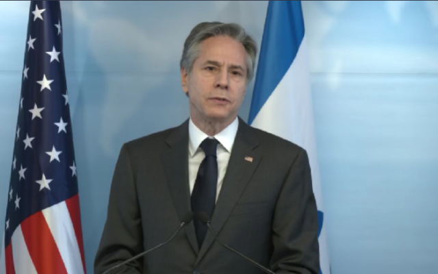 US Secretary of State Antony Blinken at a press conference in Jerusalem, March 27, 2022 (Screen grab) US Secretary of State Antony Blinken at a press conference in Jerusalem, March 27, 2022 (Screen grab)