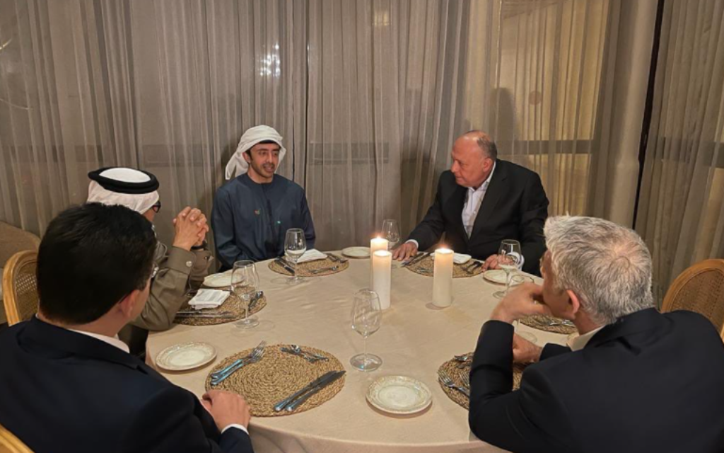 (From right) Foreign Minister Yair Lapid, Egypt's Foreign Minister Sameh Shoukry, United Arab Emirates' Foreign Minister Sheikh Abdullah bin Zayed. Bahrain's Foreign Minister Abdullatif bin Rashid al-Zayani, and Morocco's Foreign Minister Nasser Bourita, sit down for dinner at Kedma Isrotel in Sde Boker, March 27, 2022 (Egypt MFA) (From right) Foreign Minister Yair Lapid, Egypt's Foreign Minister Sameh Shoukry, United Arab Emirates' Foreign Minister Sheikh Abdullah bin Zayed. Bahrain's Foreign Minister Abdullatif bin Rashid al-Zayani, and Morocco's Foreign Minister Nasser Bourita, sit down for dinner at Kedma Isrotel in Sde Boker, March 27, 2022 (Egypt MFA)