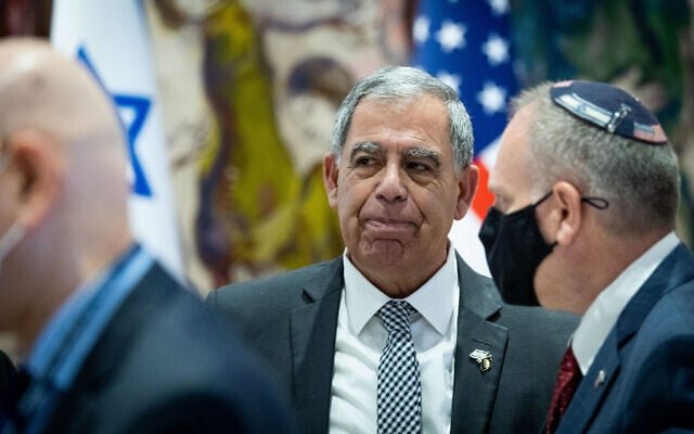 Knesset Speaker Mickey Levy attends the Conference of Presidents of Major American Jewish Organizations in Jerusalem, February 22, 2022. (Yonatan Sindel/Flash90) Knesset Speaker Mickey Levy attends the Conference of Presidents of Major American Jewish Organizations in Jerusalem, February 22, 2022. (Yonatan Sindel/Flash90)