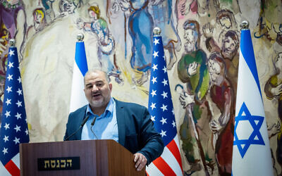 Ra'am party leader Mansour Abbas addresses the Conference of Presidents of Major American Jewish Organizations in Jerusalem on February 22, 2022. (Yonatan Sindel/Flash90) Ra'am party leader Mansour Abbas addresses the Conference of Presidents of Major American Jewish Organizations in Jerusalem on February 22, 2022. (Yonatan Sindel/Flash90)