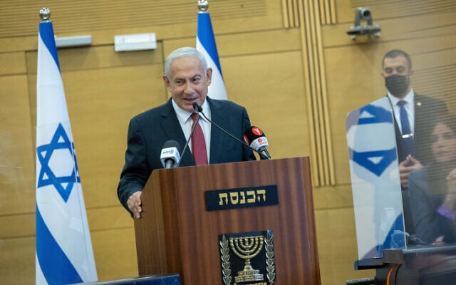Opposition leader Benjamin Netanyahu at a Likud party meeting at the Knesset in Jerusalem on March 7, 2022. (Yonatan Sindel/Flash90) Opposition leader Benjamin Netanyahu at a Likud party meeting at the Knesset in Jerusalem on March 7, 2022. (Yonatan Sindel/Flash90)