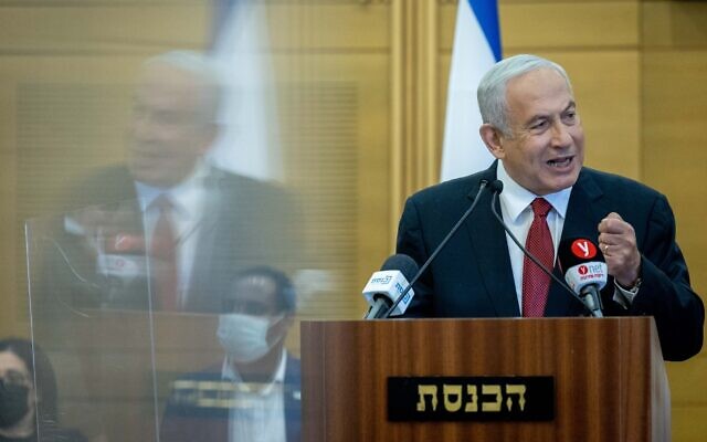 Opposition leader Benjamin Netanyahu speaks at a Likud faction meeting at the Knesset in Jerusalem on March 7, 2022. (Yonatan Sindel/Flash90) Opposition leader Benjamin Netanyahu speaks at a Likud faction meeting at the Knesset in Jerusalem on March 7, 2022. (Yonatan Sindel/Flash90)