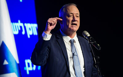 Defense Minister Benny Gantz speaks during an event held by his Blue and White party in Tel Aviv, on March 21, 2022. (Avshalom Sassoni/Flash90)