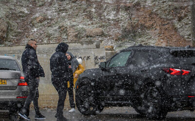 Snow falls in the northern Golan Heights on March 23, 2022. (Avimor/Flash90)