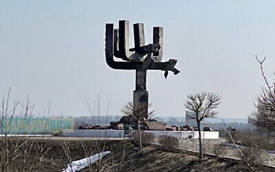 The damaged Drobytsky Yar memorial near Kharkiv after reportedly being hit by Russian artillery fire, on March 26, 2022. (Screenshot/Twitter)