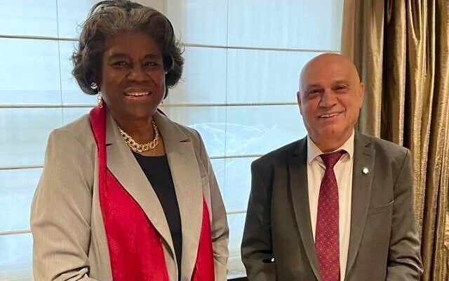 Regional Cooperation Minister Issawi Frej meets with US Ambassador to the UN Linda Thomas-Greenfield in New York on March 30, 2022. (US Mission to the UN) Regional Cooperation Minister Issawi Frej meets with US Ambassador to the UN Linda Thomas-Greenfield in New York on March 30, 2022. (US Mission to the UN)
