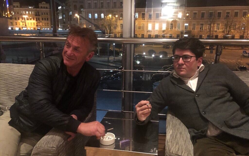 Vladislav Davidzon, right, with actor Sean Penn, who was in Ukraine at the beginning of the Russian invasion in February 2022 filming a documentary on the unfolding conflict. (Courtesy)