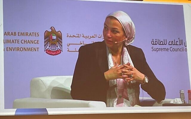 Egypt's Environment Minister and COP 27 ministerial coordinator and envoy Yasmine Fouad speaks at a climate conference in Dubai, March 28, 2022 (Sue Surkes/Times of Israel)
