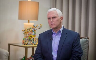 Former US vice president Mike Pence gives an interview to the Israel Hayom newspaper. (Ami Shooman/Israel Hayom)