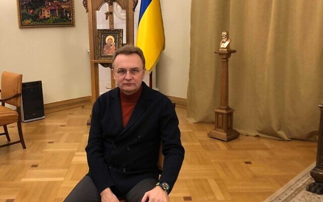Lviv Mayor Andriy Sadovyi in his office on March 2, 2022. (Lazar Berman/Times of Israel) Lviv Mayor Andriy Sadovyi in his office on March 2, 2022. (Lazar Berman/Times of Israel)