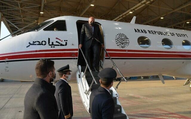 Egyptian Foreign Minister Sameh Shoukry arrives at Nevatim Air Base in southern Israel for the Negev Summit on March 27, 2022. (Rafi Ben Hakoun/GPO) Egyptian Foreign Minister Sameh Shoukry arrives at Nevatim Air Base in southern Israel for the Negev Summit on March 27, 2022. (Rafi Ben Hakoun/GPO)