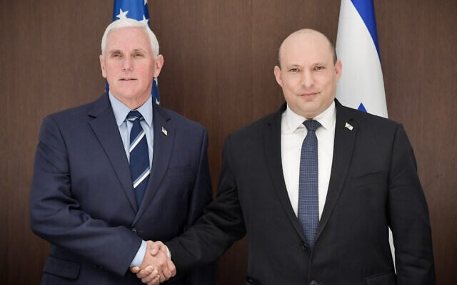 Prime Minister Naftali Bennett (right) meets with former US vice president Mike Pence in Jerusalem, on March 8, 2022. (Kobi Gideon/GPO) Prime Minister Naftali Bennett (right) meets with former US vice president Mike Pence in Jerusalem, on March 8, 2022. (Kobi Gideon/GPO)