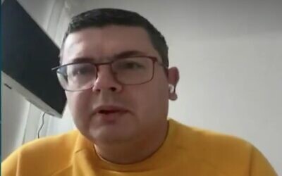 Screen capture from video of Oleksandr Merezhko, Chair of the Ukrainian parliament's Committee on Foreign Policy and Interparliamentary Cooperation, during an interview with the Ynet website, March, 9, 2022. (Ynet)