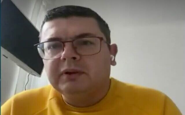 Screen capture from video of Oleksandr Merezhko, Chair of the Ukrainian parliament's Committee on Foreign Policy and Interparliamentary Cooperation, during an interview with the Ynet website, March, 9, 2022. (Ynet) Screen capture from video of Oleksandr Merezhko, Chair of the Ukrainian parliament's Committee on Foreign Policy and Interparliamentary Cooperation, during an interview with the Ynet website, March, 9, 2022. (Ynet)