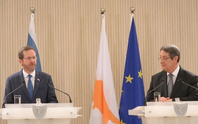 President Isaac Herzog, left, with Cypriot President Nicos Anastasiades at the Presidential Palace in Nicosia, Cyprus, March 2, 2022. (Amos Ben-Gershom/GPO) President Isaac Herzog, left, with Cypriot President Nicos Anastasiades at the Presidential Palace in Nicosia, Cyprus, March 2, 2022. (Amos Ben-Gershom/GPO)