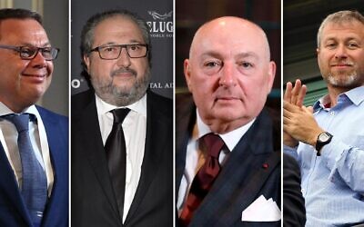 Left to right: Mikhail Fridman (Mikhail Svetlov/Getty Images via JTA), Boris Mints (Jason Kempin/Getty Images for World Chess Championship via JTA), Moshe Kantor (Menahem Kahana/AFP via Getty Images via JTA), Roman Abramovich (Ian Walton/Getty Images via JTA).