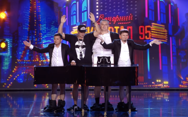 Ukrainian President Volodymyr Zelensky (far left) performs a medley of songs, including 'Hava Nagila,' with a comedy troupe on stage in a performance from 2016. (Screenshot/YouTube) Ukrainian President Volodymyr Zelensky (far left) performs a medley of songs, including 'Hava Nagila,' with a comedy troupe on stage in a performance from 2016. (Screenshot/YouTube)
