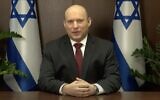 Prime Minister Naftali Bennett speaks in a video statement addressed to Iranians for Nowruz, March 20, 2022. (Screen capture: YouTube)