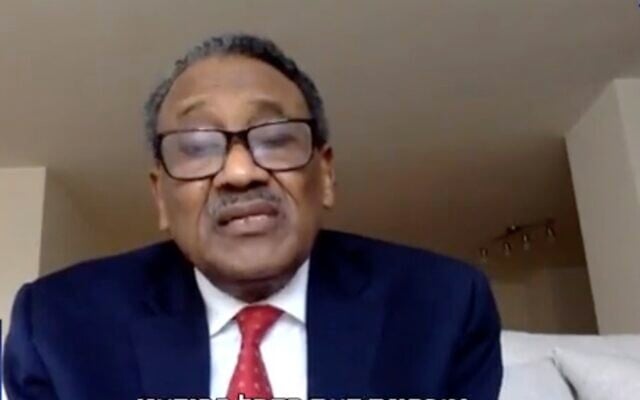 Screen capture from video of ousted Sudanese ambassador to the United States, Noureddine Sati, during an interview with the Kan public broadcaster, March 13, 2022. (Twitter) Screen capture from video of ousted Sudanese ambassador to the United States, Noureddine Sati, during an interview with the Kan public broadcaster, March 13, 2022. (Twitter)