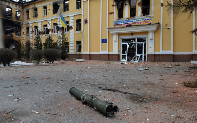 A destroyed school near the center of the Ukrainian city of Kharkiv, on February 28, 2022. (Sergey Bobok/AFP) A destroyed school near the center of the Ukrainian city of Kharkiv, on February 28, 2022. (Sergey Bobok/AFP)