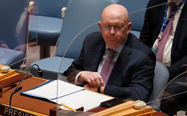 Vassily Nebenzia, Russia's United Nations Ambassador, February 25, 2022. (AP Photo/John Minchillo) Vassily Nebenzia, Russia's United Nations Ambassador, February 25, 2022. (AP Photo/John Minchillo)