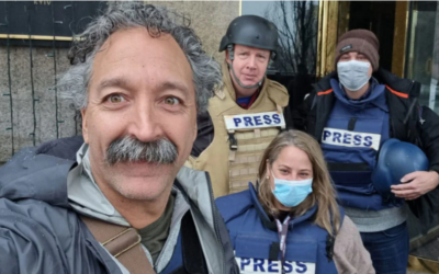 Pierre Zakrzewski, left, along with correspondent Steve Harrigan and senior field producers Yonat Frilling and Ibrahim Hazboun in Kyiv. (Courtesy of FOX News)
