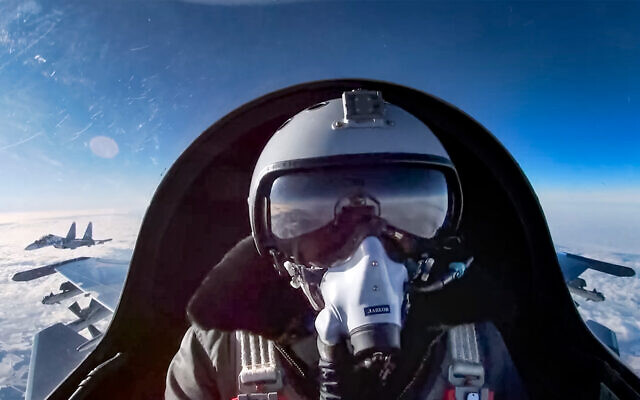 The cockpit of a Russian Su-30SM fighter jet as it flies over Belarus during joint drills in a video released by the Russian Defense Ministry Press Service, February 7, 2022. (Russian Defense Ministry Press Service via AP) The cockpit of a Russian Su-30SM fighter jet as it flies over Belarus during joint drills in a video released by the Russian Defense Ministry Press Service, February 7, 2022. (Russian Defense Ministry Press Service via AP)
