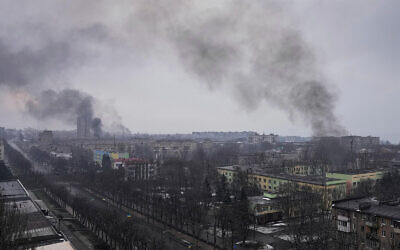 Smoke rises after shelling in Mariupol, Ukraine, on March 9, 2022. (AP Photo/Evgeniy Maloletka)