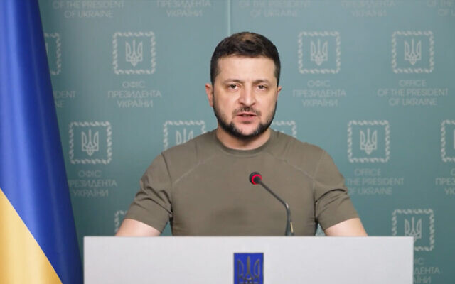 Ukrainian President Volodymyr Zelensky in a video speech posted online, March 26, 2022. (Screenshot)