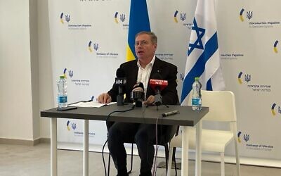 Ukrainian Ambassador to Israel Yevgen Korniychuk hosts a briefing at the Embassy's Cultural Center in Tel Aviv, on March 1, 2022. (Carrie Keller-Lynn/The Times of Israel)