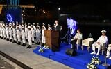 Defense Minister Benny Gantz speaks during a graduation ceremony for Israeli Navy officers at the Haifa naval base, March 2, 2022. (Ariel Hermoni/Defense Ministry)